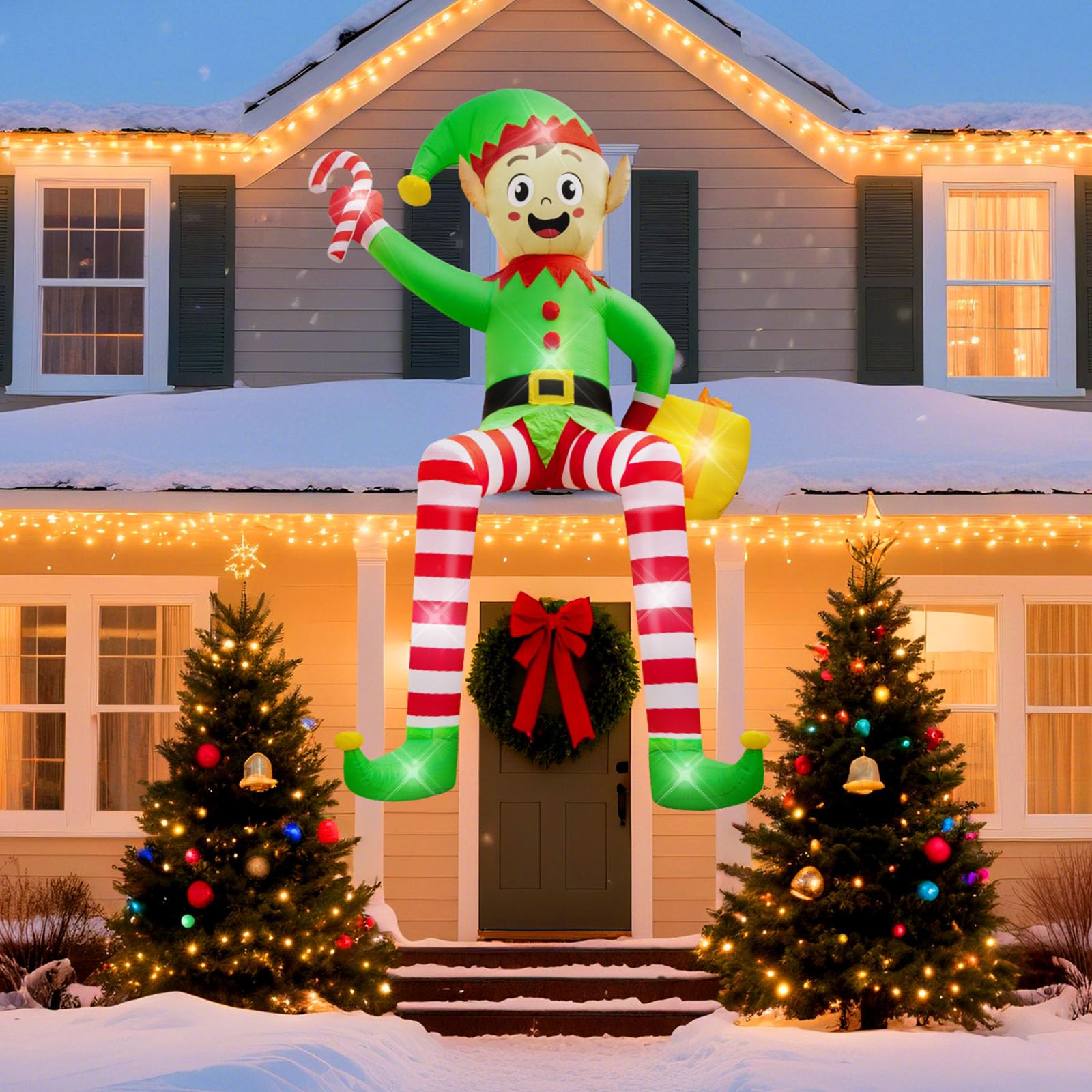 Photo 1 of 12FT Christmas inflatables, Christmas Inflatable Outdoor Decoration Sitting Elf with Built-in Led Lights, Christma Blow Ups Outdoor Roof Yard Lawn Xmas Decor