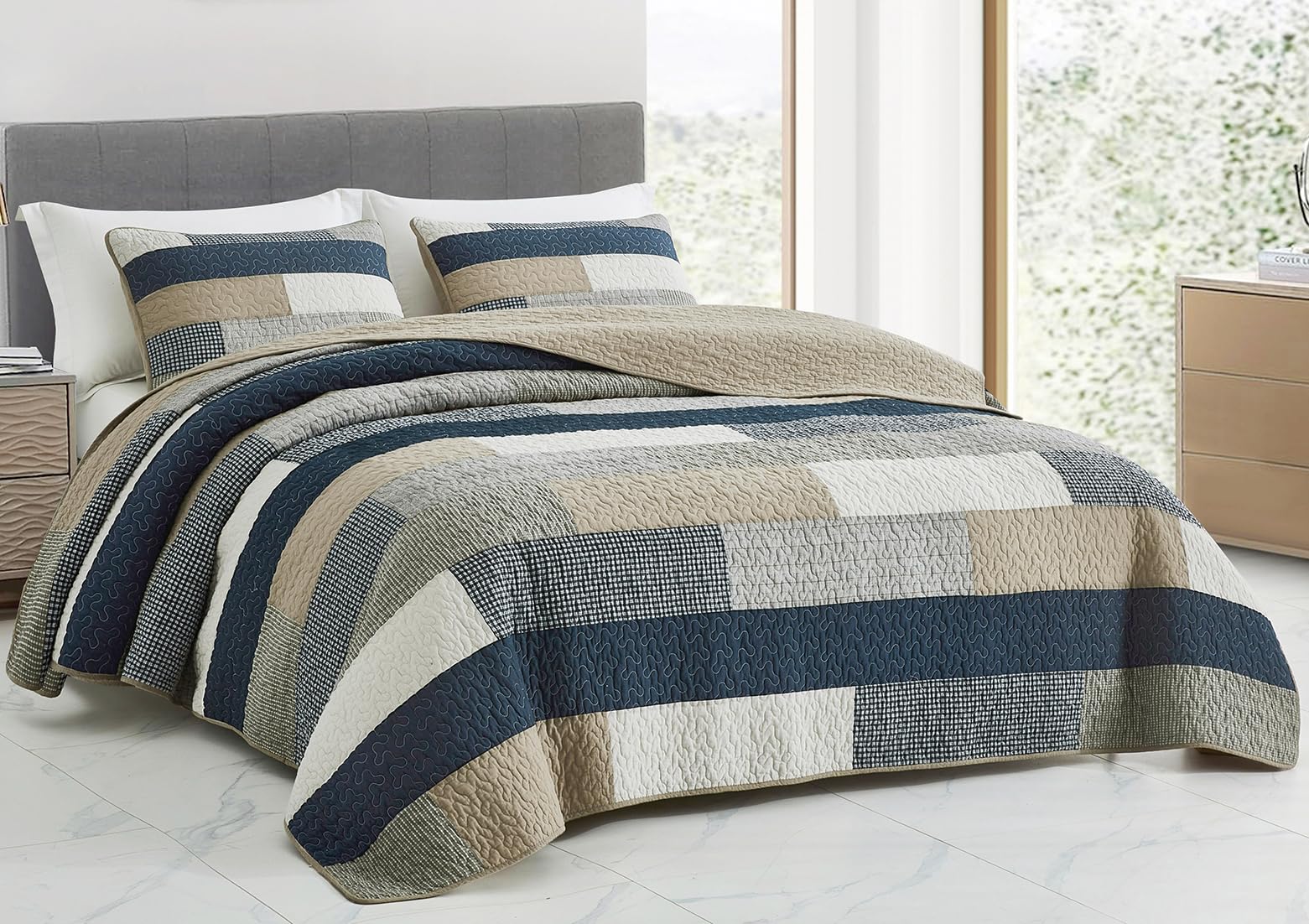 Photo 1 of Chezmoi Collection Dylan 3-Piece Navy Blue White Gray Taupe Plaid Rectangular Patchwork Quilt Set - Pre-Washed Cotton Quilted Coverlet - Lightweight Bedspread for All Seasons, Queen Size