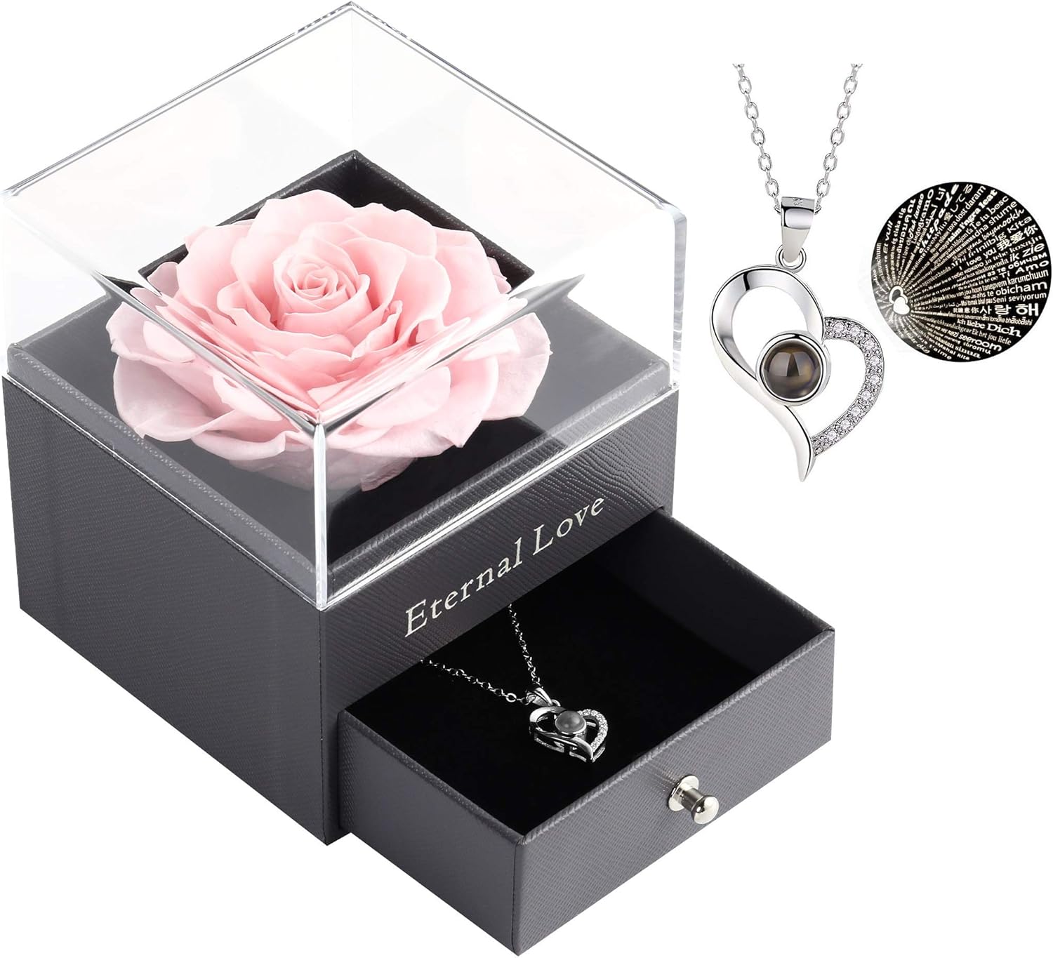 Preserved Real Rose Drawer With I Love You Necklace 100 Languages Gift Set Enchanted Real Rose Flower For Valentine S Day Anniversary Wedding Romantic Gifts For Her Pink Rose Home Kitchen Amazon Com
