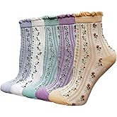 DXYAKY 5 Pairs Womens Floral Cotton Socks Vintage Patterned Crew Socks Novelty Ankle Ruffled Warm Casual Dress Socks