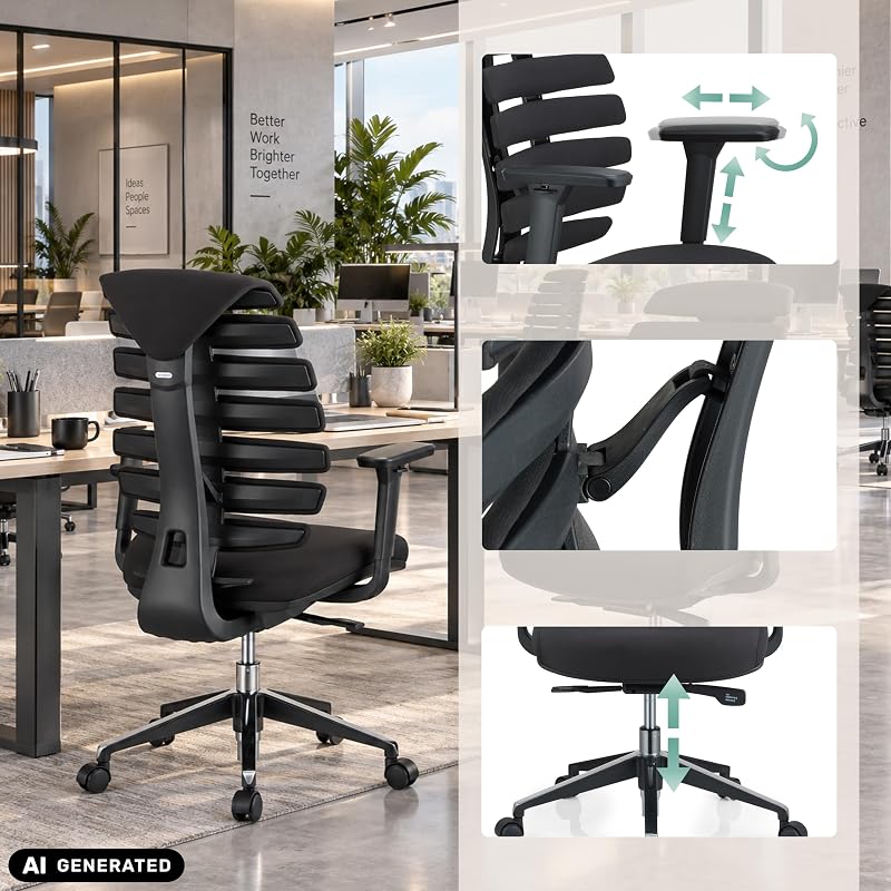 714500 Sedia da Ufficio Girevole ERGO LINE II Tessuto Nero, braccioli, ergonomici Schienale — foto 3 di 7