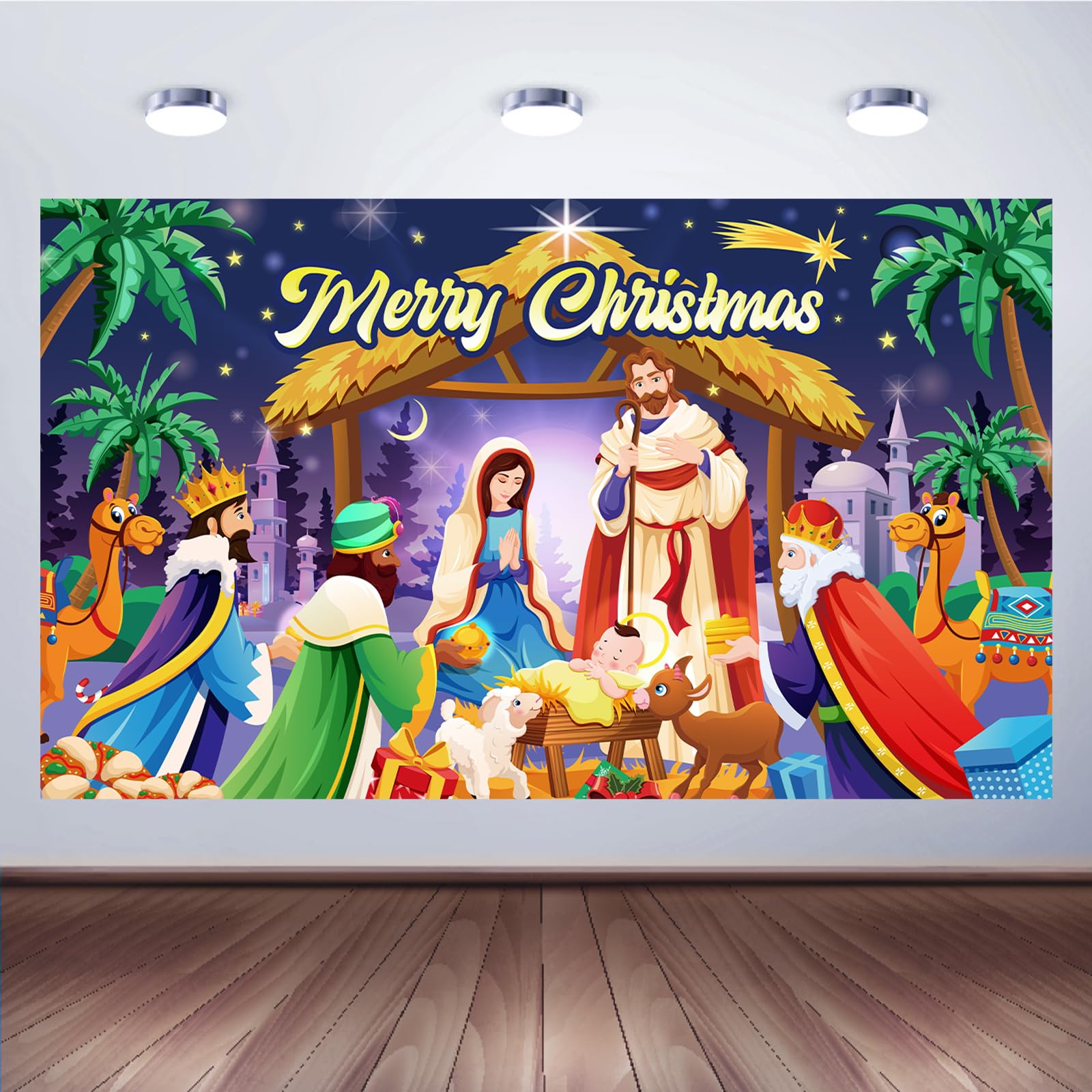 DPKOW Christmas Nativity Scene Banner - Merry Christmas Background Banner with Three Kings Religious Manger Scene and Birth of Jesus for Night Stars Xmas Nativity Party Decorations, 185 * 110cm — image 1