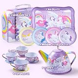 JOYIN Purple Unicorn Tea Set for Toddlers—Tin Teapot with Cups Plates Carry Case view 2