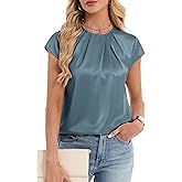 Funlingo Women's Silk Satin Blouse Summer Dressy Casual Cap Short Sleeve Tops Crew Neck Front Pleated Work Shirts