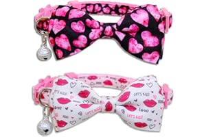 MIIEMIU Valentine Bow Tie Cat Collar Set with Bell, Holiday Let's kiss Pink Heart Cat Collar for Boys and Girls Kitties Kittens