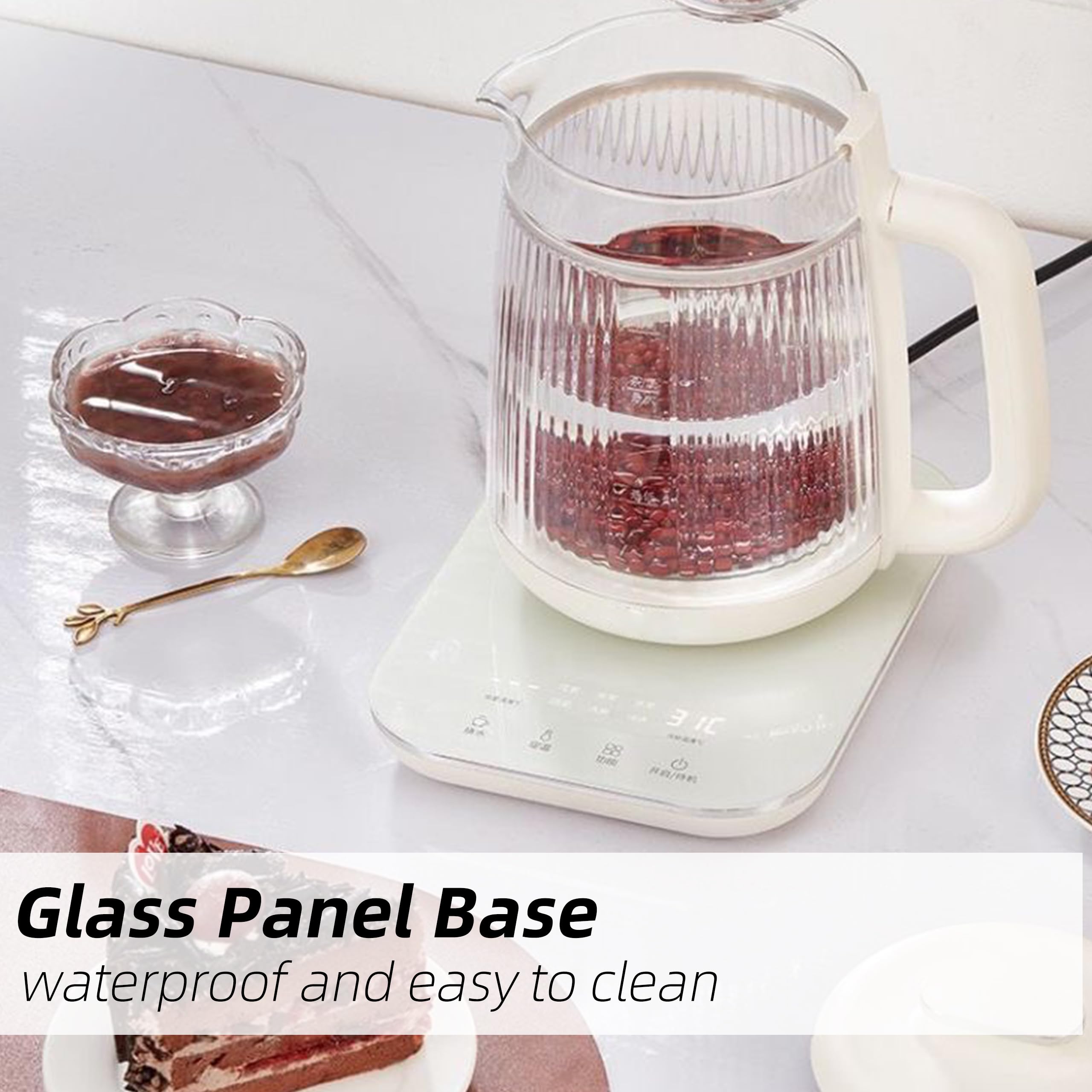 Health Pot, Hervidor eléctrico de vidrio de doble capa de 1,5 l con olla para estofado, tetera multifunción 9 en 1 para sopa, gachas, té de hierbas, base de acero inoxidable, panel táctil de vidrio, programable