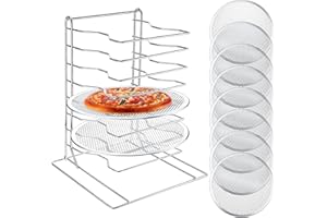 Zhehao Pizza Rack 8 Tiered Stand 16.7'' H x 12'' L x 12'' W and 8 Pcs Pans with Holes, Aluminum Baking Set for Easy Storage and Baking Multiple Pizzas