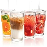 TAJZYX 19oz Ribbed Glass Cups with Lids and Straws, 4pcs Reusable Iced Coffee Cups, Ribbed Glass Tumbler，Ideal for Coffee, Smoothies and Juices– Dishwasher-Safe, Fits Car Holders,4PACK