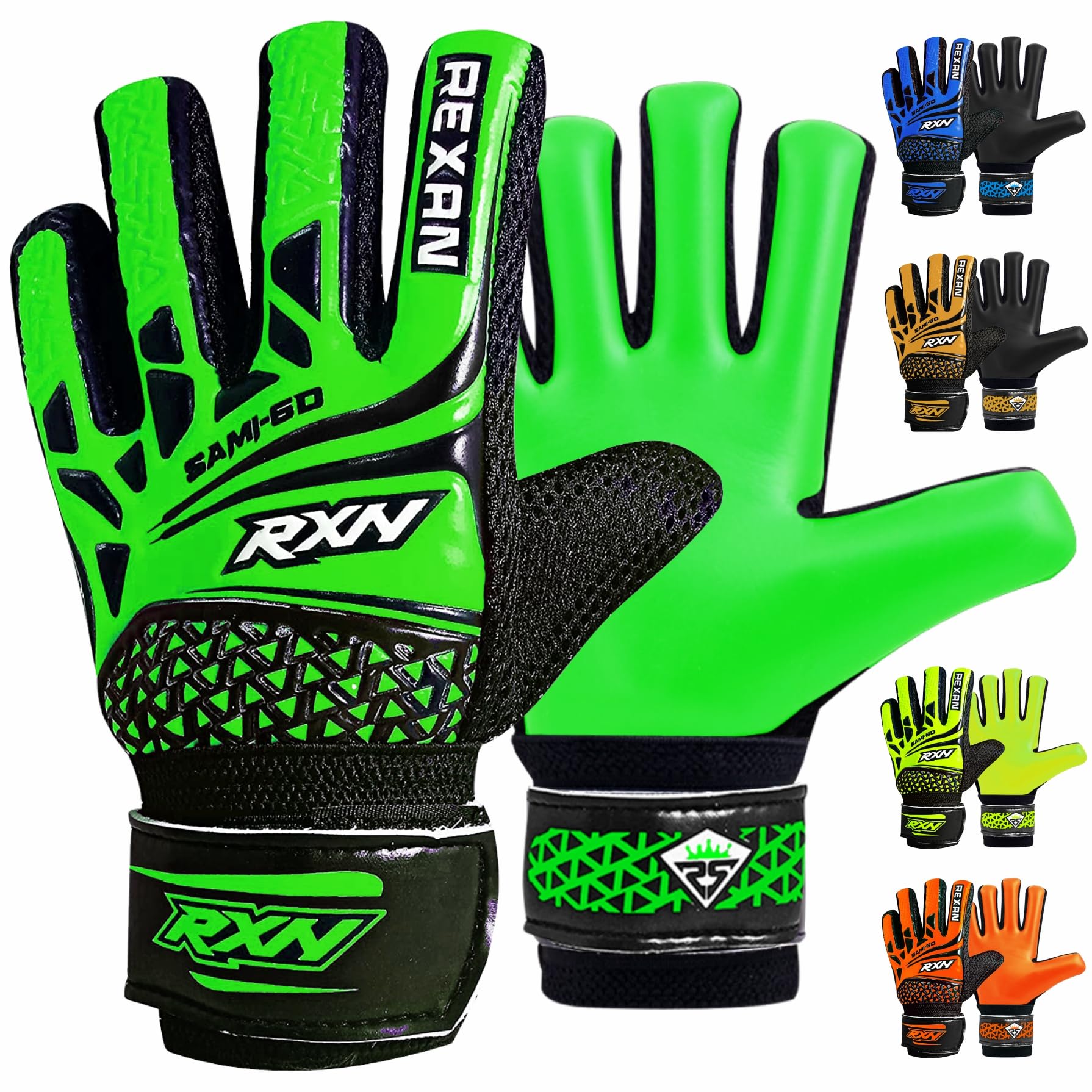 RAXAN Kids Junior Goalkeeper Gloves, Boys and Girls Training Gloves and Non-slip Wear Resistant Latex Material Goalie Protection to Prevent Injuries (Green, Size 8 Suitable for S Adult)