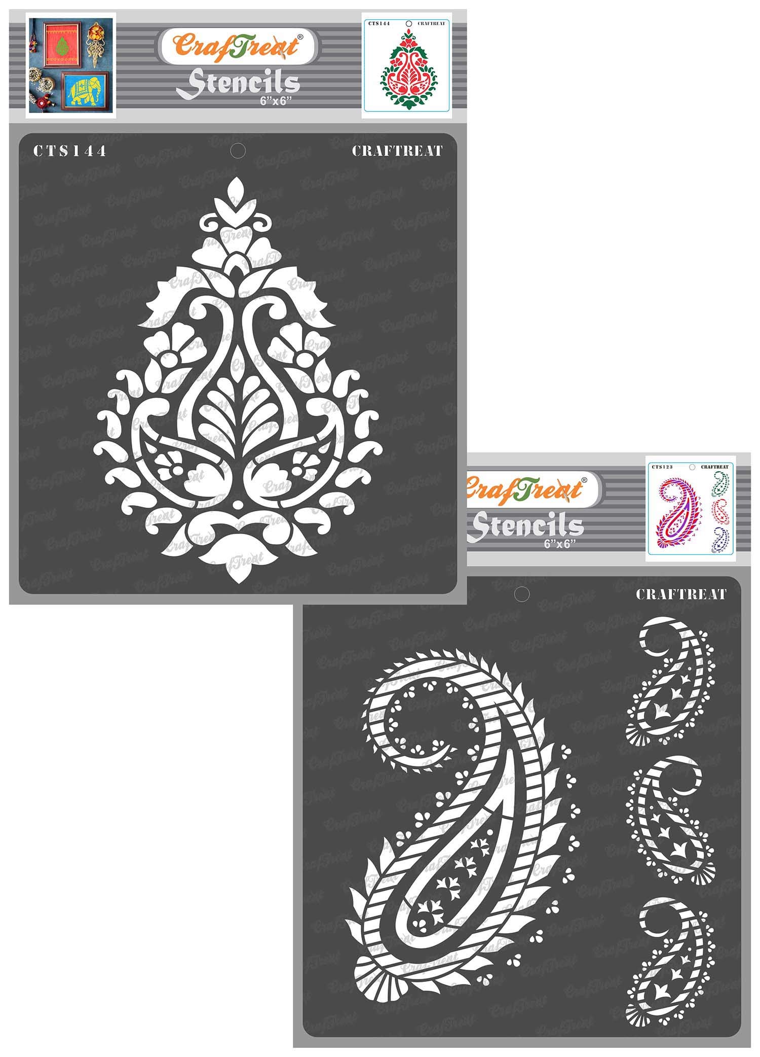 CrafTreat Reusable Paisley Stencils for Painting on Wood, Canvas, Paper, Fabric, Floor, Wall and Tile - Paisley Damask and Paisley and Border - 2 Pcs - 6x6 Inch Each - DIY Art and Craft Stencils