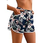 NILOINE Women's Drawstring Board Shorts Floral Beach Swimming Shorts Summer Sports Swim Trunks Swimsuit Bottoms with Pockets