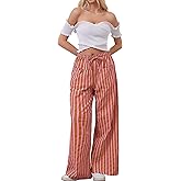 AIHUKOCY Women Drawstring Stripe Wide Leg Casual Trousers Striped Low Rise Casual Loose Lounge Pants with Pockets