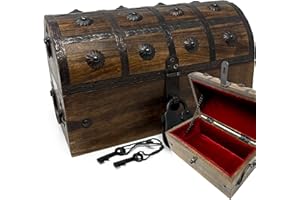 Nautical Cove Wooden Treasure Chest with Padded Velvet Lining and Antique Lock with Skeleton Keys (Medium 11x6x6.5) – Luxury Wood Pirate Chest, Decorative Wooden Keepsake Box
