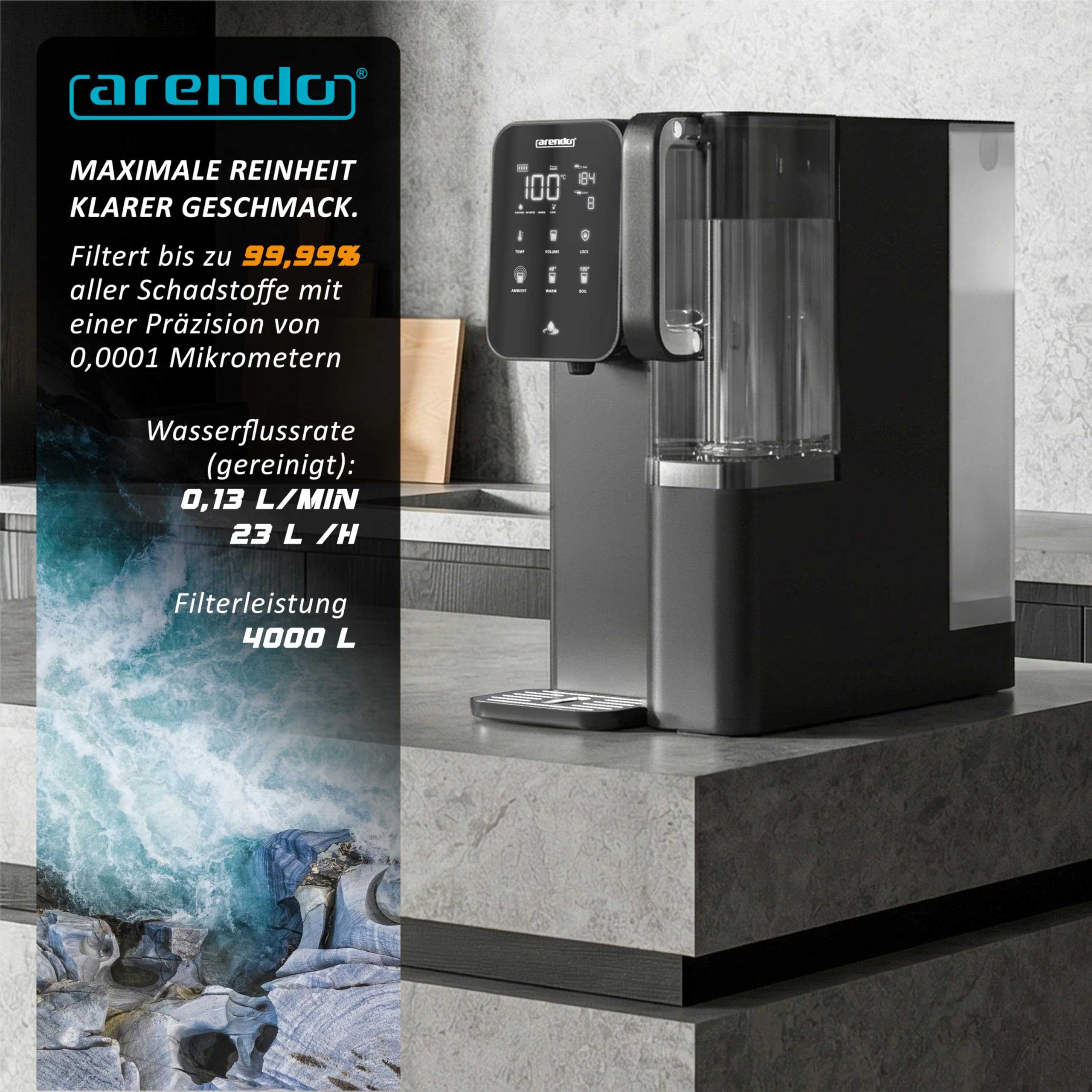 Arendo - Premium Osmoseanlage - 99,99% reines Trinkwasser - 7 stufiges Filtersystem (5+2) – Umkehrosmose/Wasserfilter – keine Installation - Auftisch Gerät – Heißwasserspender 40°C - 100°C – TDS 7