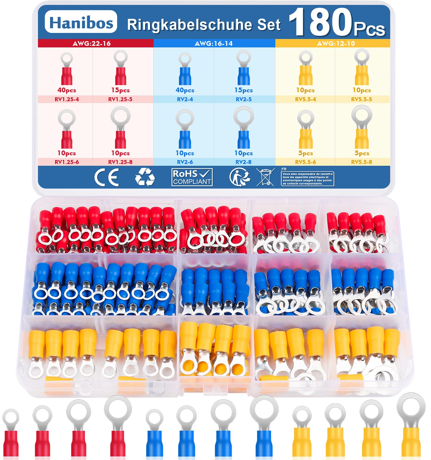 Hanibos 180 Pcs Ring Crimps Terminals Connectors 0.5-6.0mm² Insulated Ring Terminals Crimps Connectors Ring Crimp Wire Connectors Terminals Kit for Automotive Motorcycle Repairs — image 1