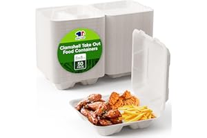 JOLLY CHEF Clamshell Take Out Food Containers, [8 * 8" 50-Pack] 3-Compartment To Go Containers Disposable, Sugarcane To Go Boxes for Salad,Lunch