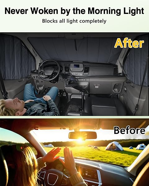 VANHOXCCI INSULATED BLACKOUT WINDSHIELD COVER FOR PRIVACY & SUN PROTECTION, ALL-SEASON VAN LIFE CAMPING WINDOW SHADE, FIT FOR FORD TRANSIT 150 250 350 MEDIUM/HIGH ROOF 2015-2025, GRAY