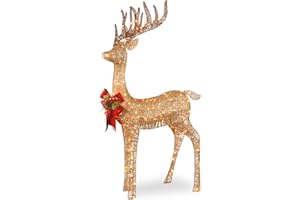 National Tree Company Pre-lit Artificial Christmas Décor - Includes Pre-strung White LED Lights and Ground Stakes - Sisal Splendor Champagne Standing Deer - 4 ft