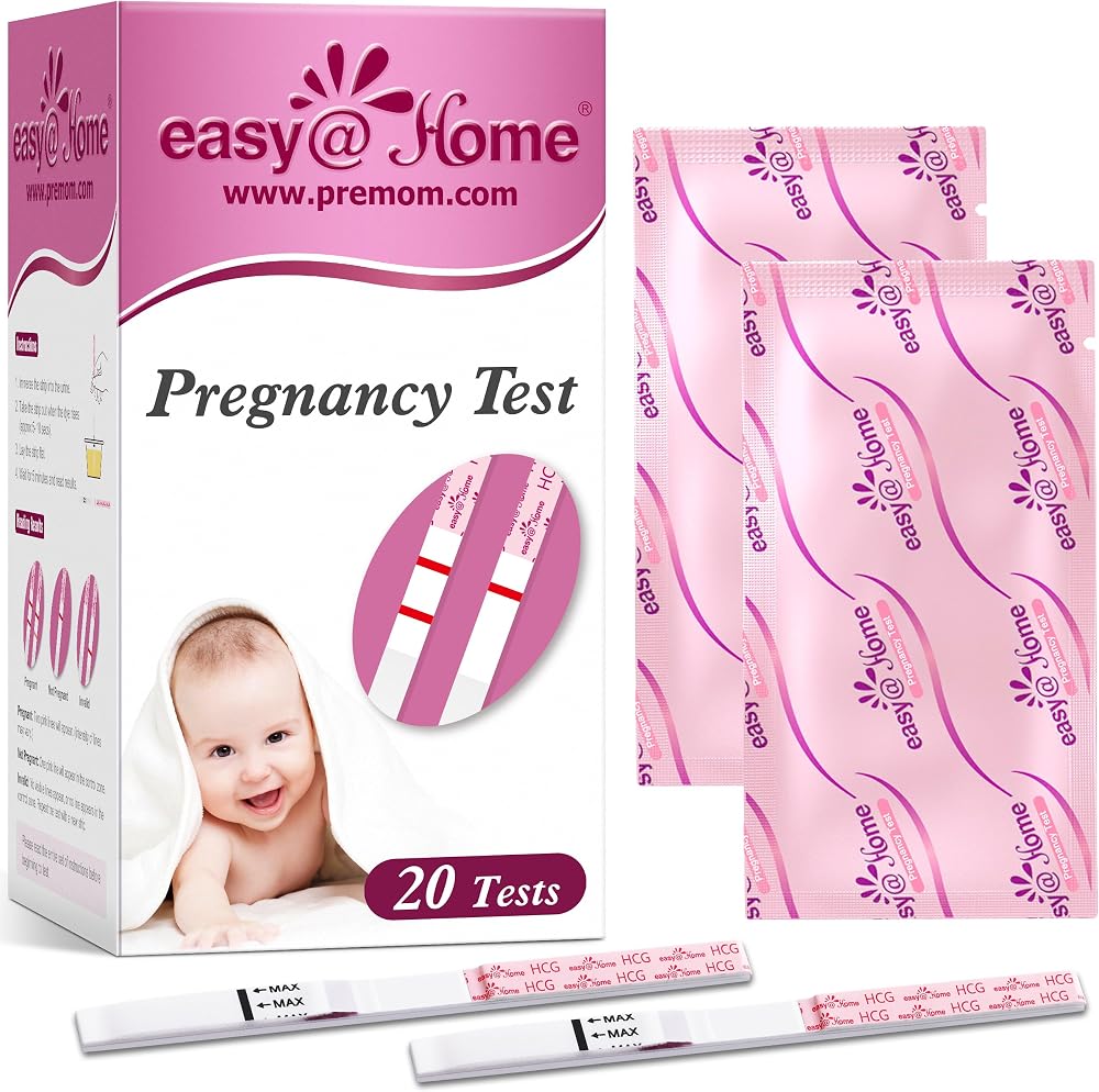 easy@Home Pregnancy Test Strips, 20 Pack with Premom App | Early Detection hCG Test Kit for Home Use, Sealed Pouches, Easy-to