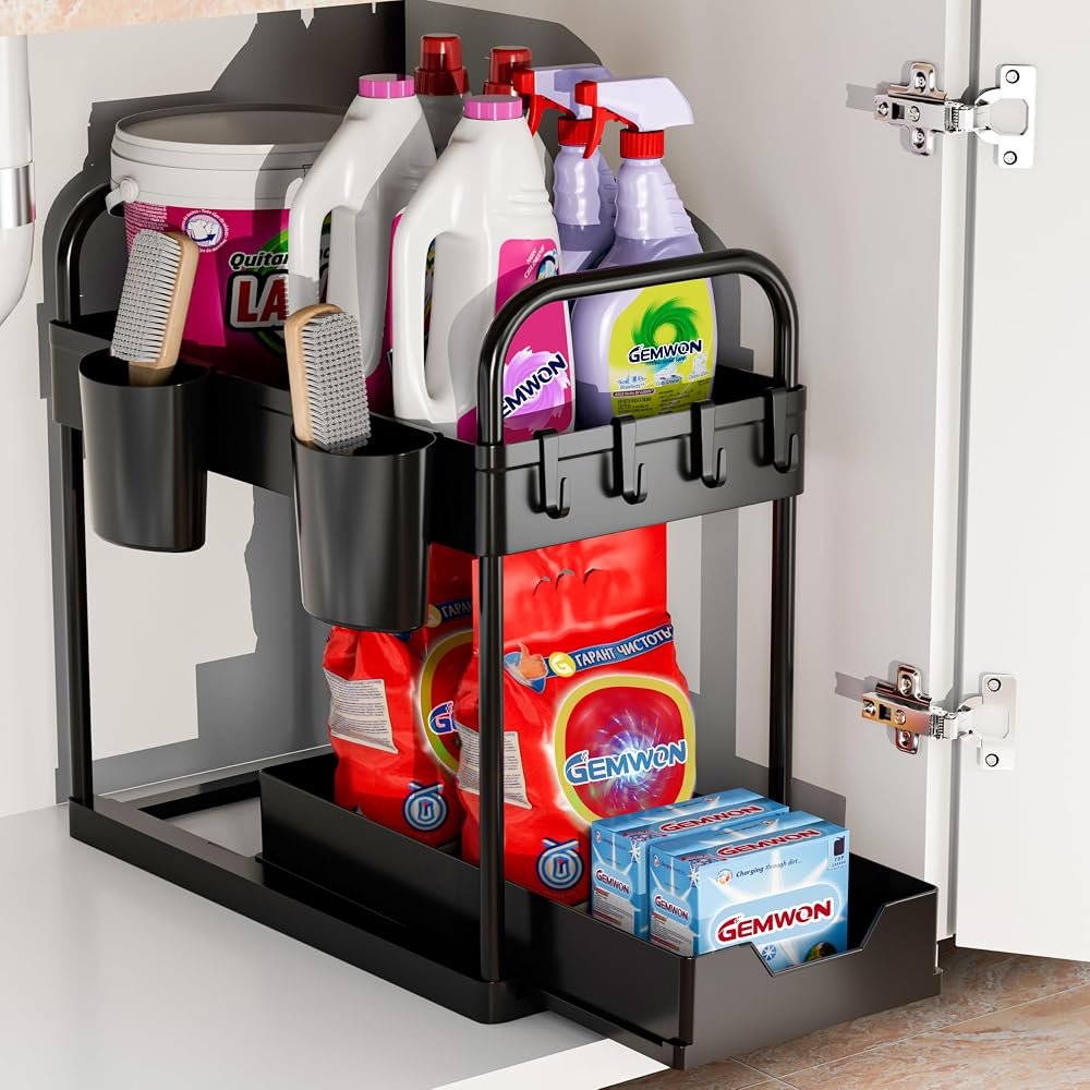 GEMWON Under Sink Storage Kitchen Organizer 2 Tier Sliding Drawer Black