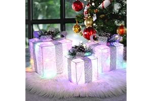 TRWYMZ Christmas Decorations,Set of 3 Christmas Light up Present Boxes Ornament,Outdoor Present Gift Boxes for Weddings Holiday Indoor Xmas Tree Decor (Plush Fur Multicolor)