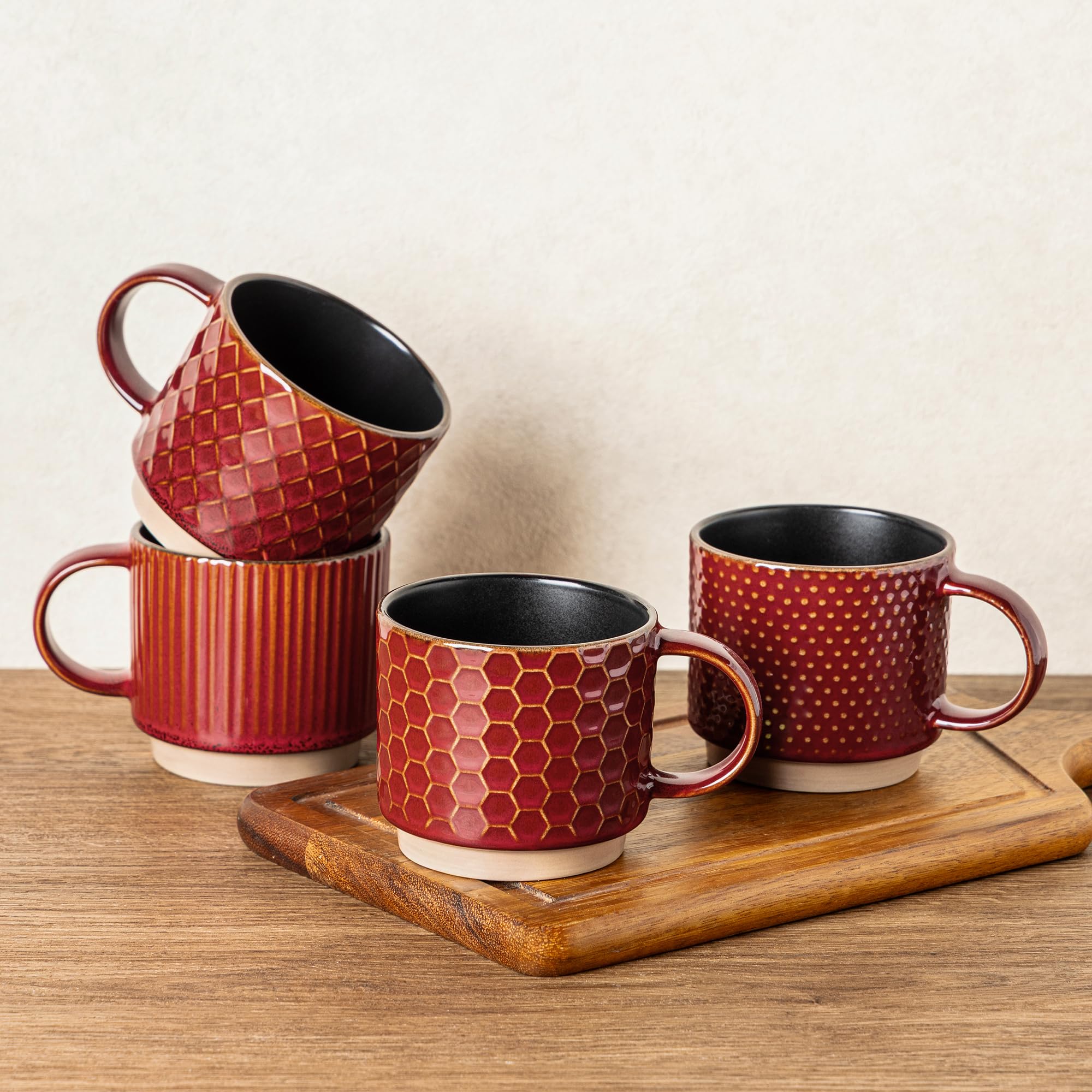 Photo 1 of GBHOME 12 OZ Stackable Coffee Mugs, Ceramic Coffee Cups with Texture Patterns for Man,Woman,Dad,Mom, Modern Coffee Mugs Set of 4 for Latte/Cappuccino/Cocoa. Dishwasher&Microwave Safe, Red