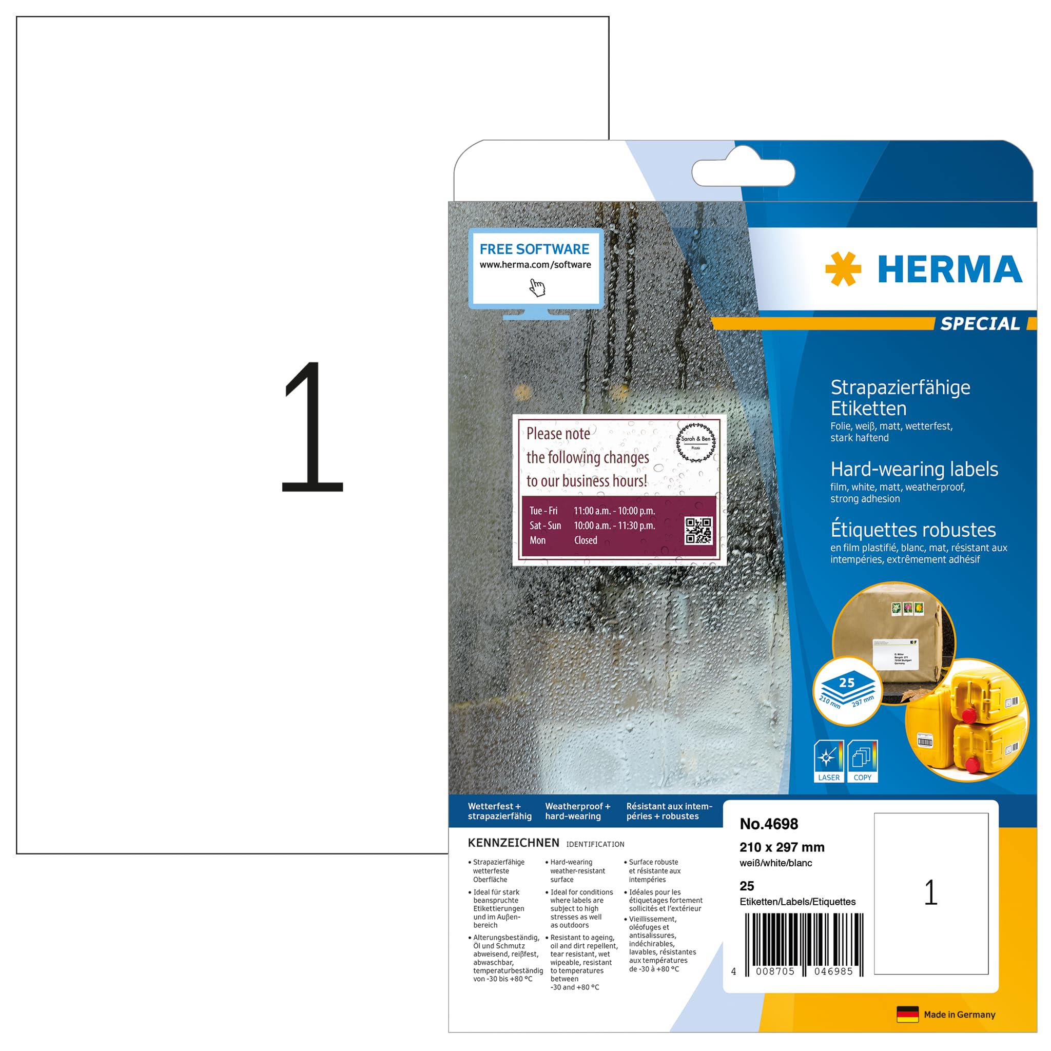 HERMA Self Adhesive Film Labels, 1 Label per A4 Sheet, 25 Sheets, 210 x 297 mm, 25 Labels, Blank Weatherproof Labels Stickers, Sticky Labels for Laser & Inkjet Printer, White