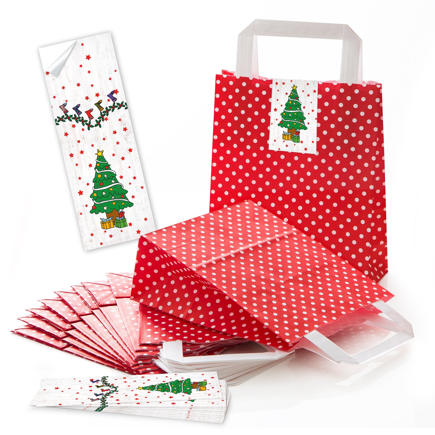 Logbuch-Verlag 10 Christmas Gift Bags Red White Polka Dot with Banderole Sticker Tree Green Paper Bag Gift Bag Paper Packaging 18 x 8 x 22 cm