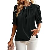 ZILIN Women's Dressy Casual Tops Business Work Blouses Pleated Crew Neck Puff Short Sleeve Shirts