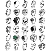 EIELO Vintage Silvery Punk Rings Set for Men Cool Gothic Alt Chunky Rings Bulk Skull Snake Stackable Hippie Knuckle Bulky Rings Pack