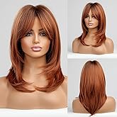 Alanhair Auburn Wigs for Women,MEACO Long Layered Orange Wigs with Bangs Heat Resistant Synthetic Fibre Wigs(pelucas de cabello natural)