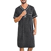 SWOMOG Mens Nightgown Short Sleeve Lounge, Sleep Henley Shirt Pajama Big & Tall Nightshirt Comfy Nightwear M-3XL