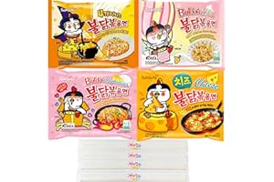 MunchMo Samyang Buldak Ramen Variety 4 Packs - 4 Flavor Cheesy Variety Pack - Hot Spicy Chicken Carbonara, Cream Carbonara, Quattro Cheese, Cheese, Fire Buldak Noodles, Buldak Ramen Noodles, Samyang Noodles with 4 x Complimentary MunchMo Chopsticks