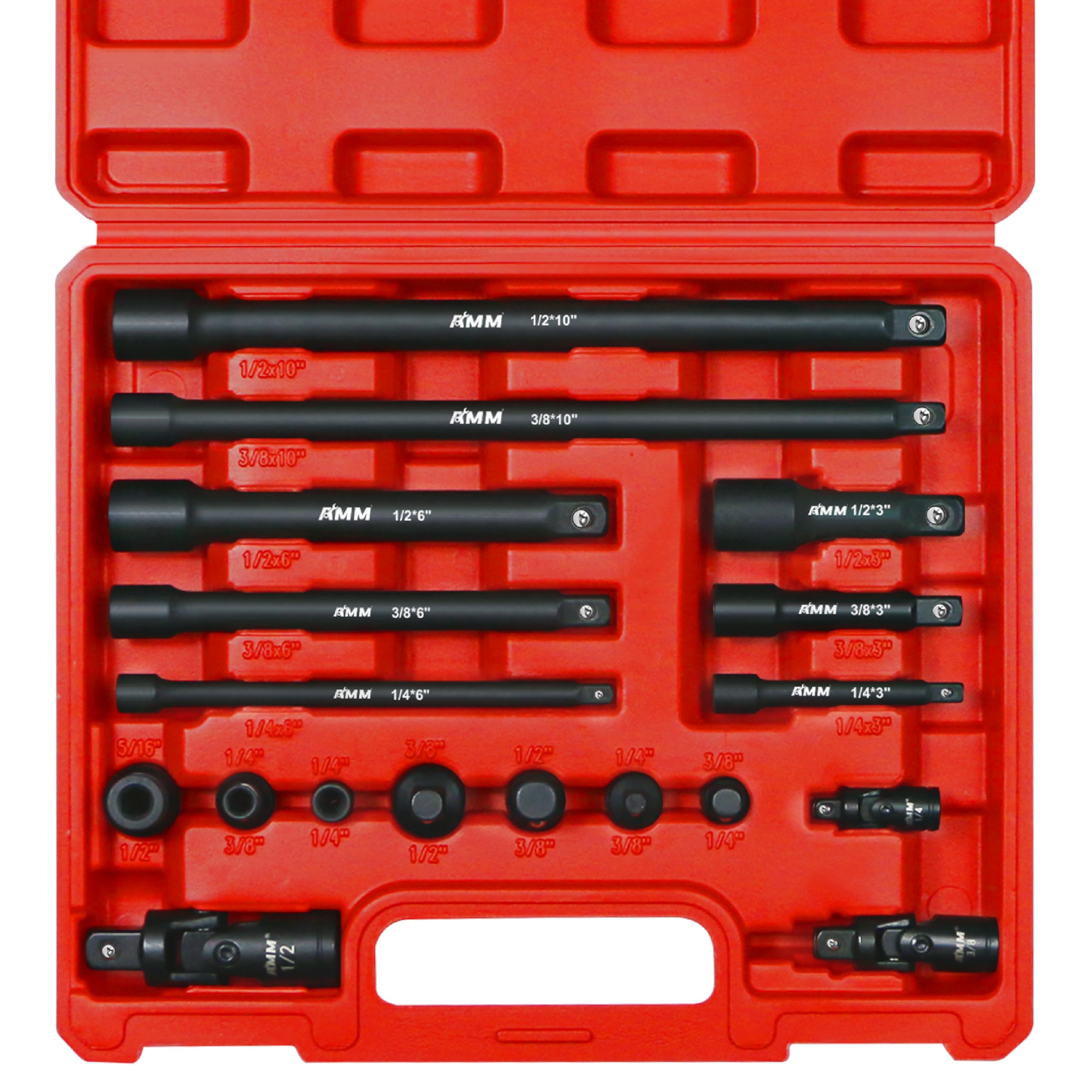 Photo 1 of AMM Impact Socket Extension Set Tools, 1/4", 3/8", 1/2" Drive Socket Adapter, Extension Bar, Impact Univeral Joint, Impact Coupler with Cr-V Steel for Power Drill & Impact Driver, 18 Pieces