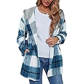 Zontroldy Womens Hooded Shacket Jacket Oversized Casual Flannel Plaid Wool Blend Button Down Shirt Coat Jackets