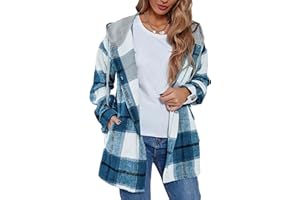 Zontroldy Womens Hooded Shacket Jacket Oversized Casual Flannel Plaid Wool Blend Button Down Shirt Coat Jackets