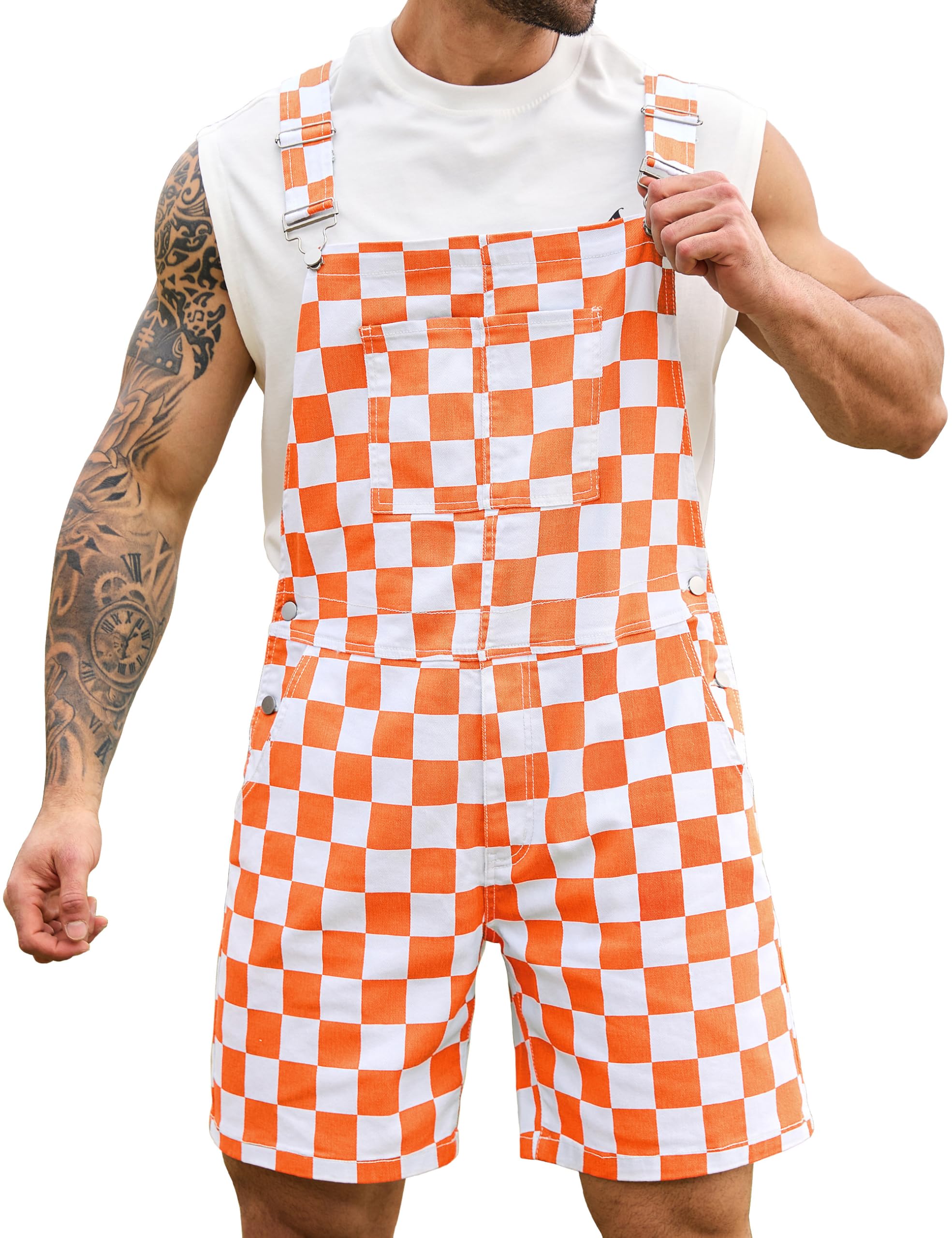 Photo 1 of Odefou Checkered Bib Overalls for Men Jumpsuit Shorts Work Coveralls(Orange Checkered,XL)