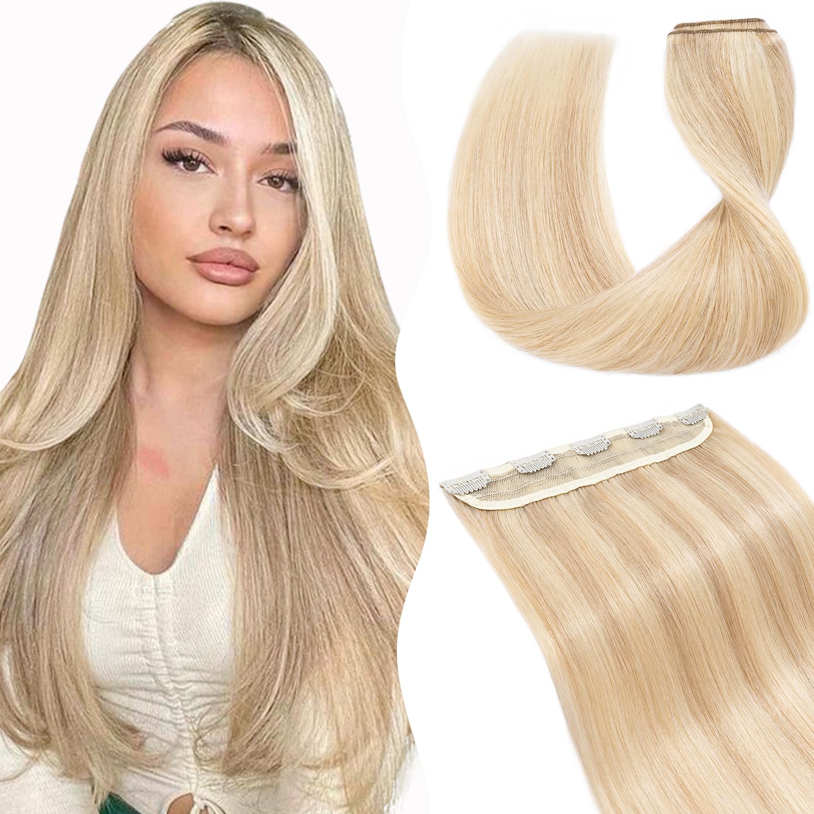 TESS Clip In Hair Extension 14 Inch,Hair Extensions Real Human Hair One Peice 5 Clips Straight Natural Hairpieces for Womens/Girls(#18/613 Ash Blonde & Bleach Blonde,14Inch)