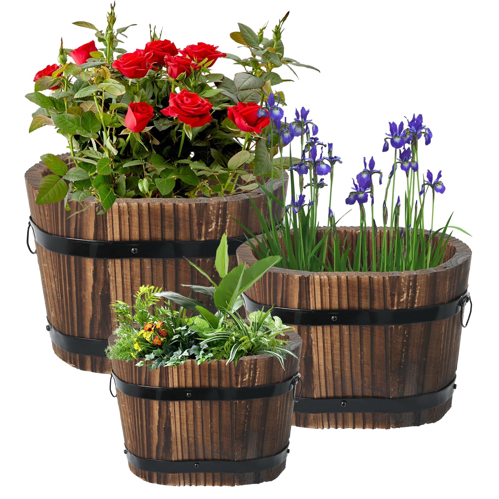 Photo 1 of Hlimior 3 Pcs Wooden Whiskey Barrel Planters, Wooden Flower Planters Pots Boxes with Metal Handles 3 Sizes Planting Wood Buckets Tree Pot for Indoor Outdoor Garden Home Plants