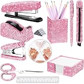 Teling 10 Pcs Bling Office Desk Accessories Glitter Office Supplies,Pink | Crystal Office Supplies Set, Desk Accessory Kit, Included Glitter Stapler Staple Remover Tape Dispenser Diamond Pen Scissors