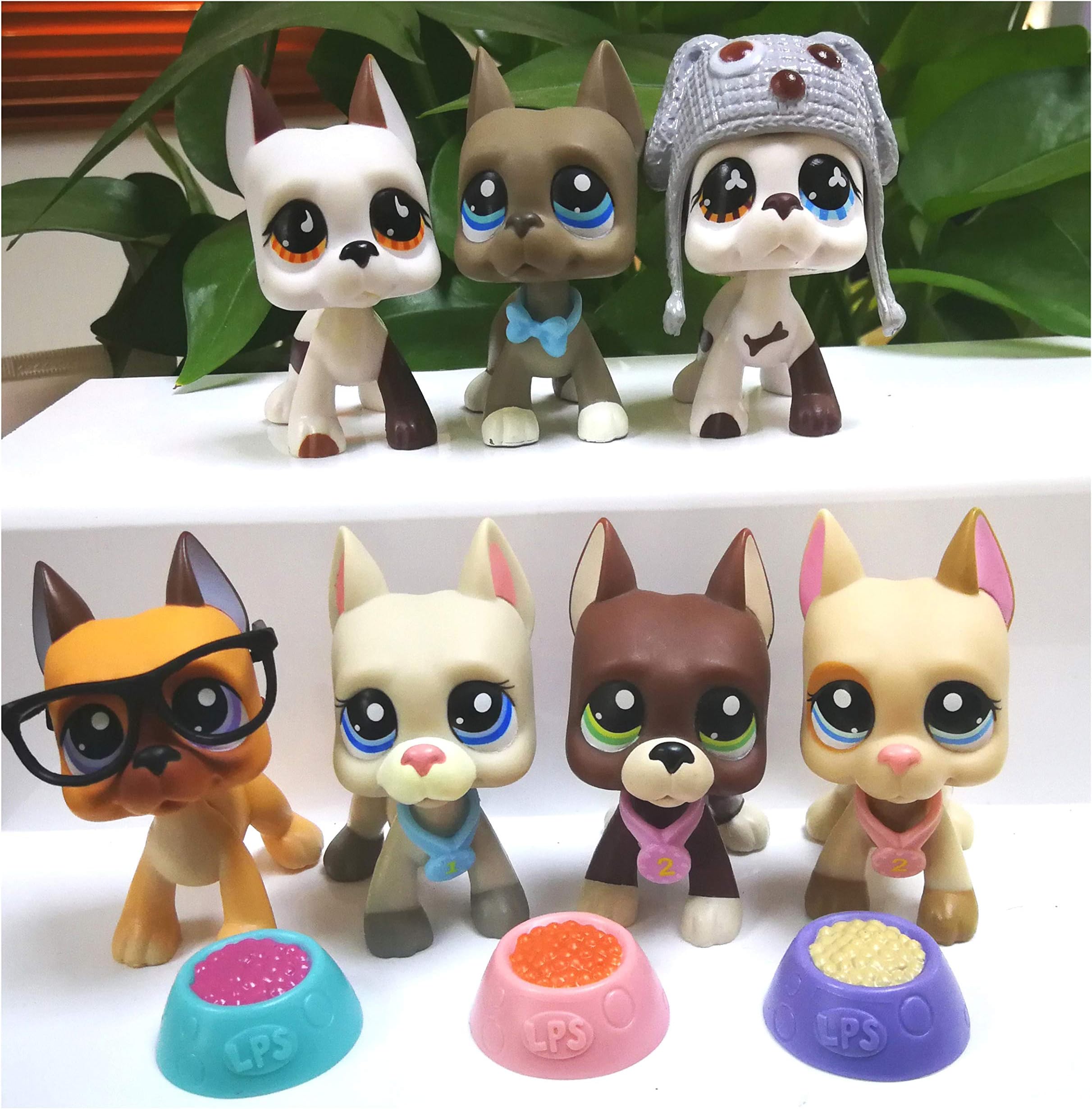LPSOLD Old LPS Great Dane Set 244 577 750 1519 1688 184 1647 White and Brown Grey Blue Eyes Dog Puppy Lot with Accessories Lot Collection Toy Figure Girls Boys Gift 7 PCS