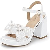 IDIFU IN4 Platform Chunky Block High Bow Heels Square Open Toe Slingback Heeled Sandals Bride Bridesmaid Wedding Bridal Prom Dress Shoes Comfortable Dressy Cute Ankle Strap Thick Heels