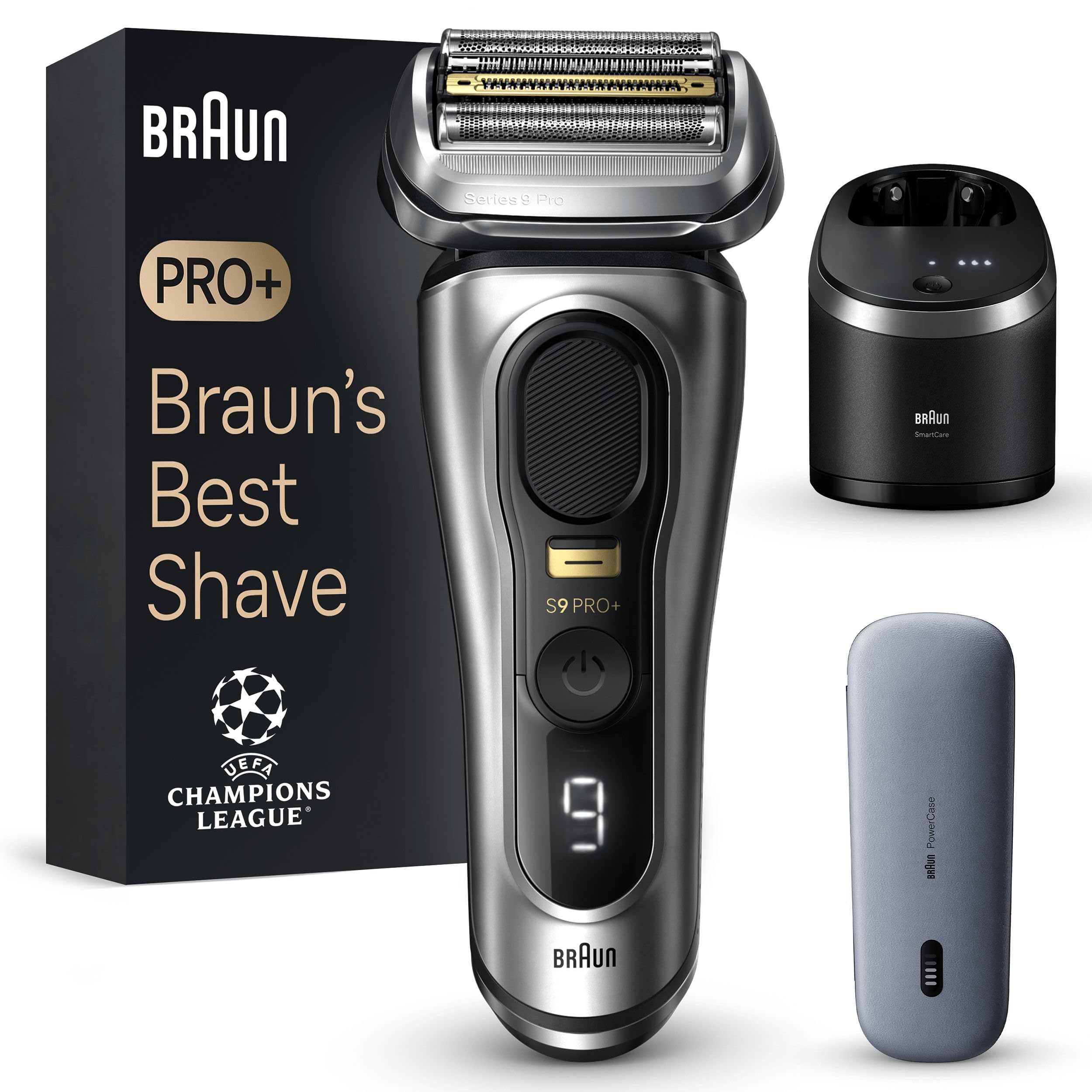 Braun Series 9 PRO+ Electric Shaver for Men, 5 Shave Elements & Precision Hair Trimmer, SmartCare Center, PowerCase, Wet & Dry Electric Razor, 9477cc, Silver