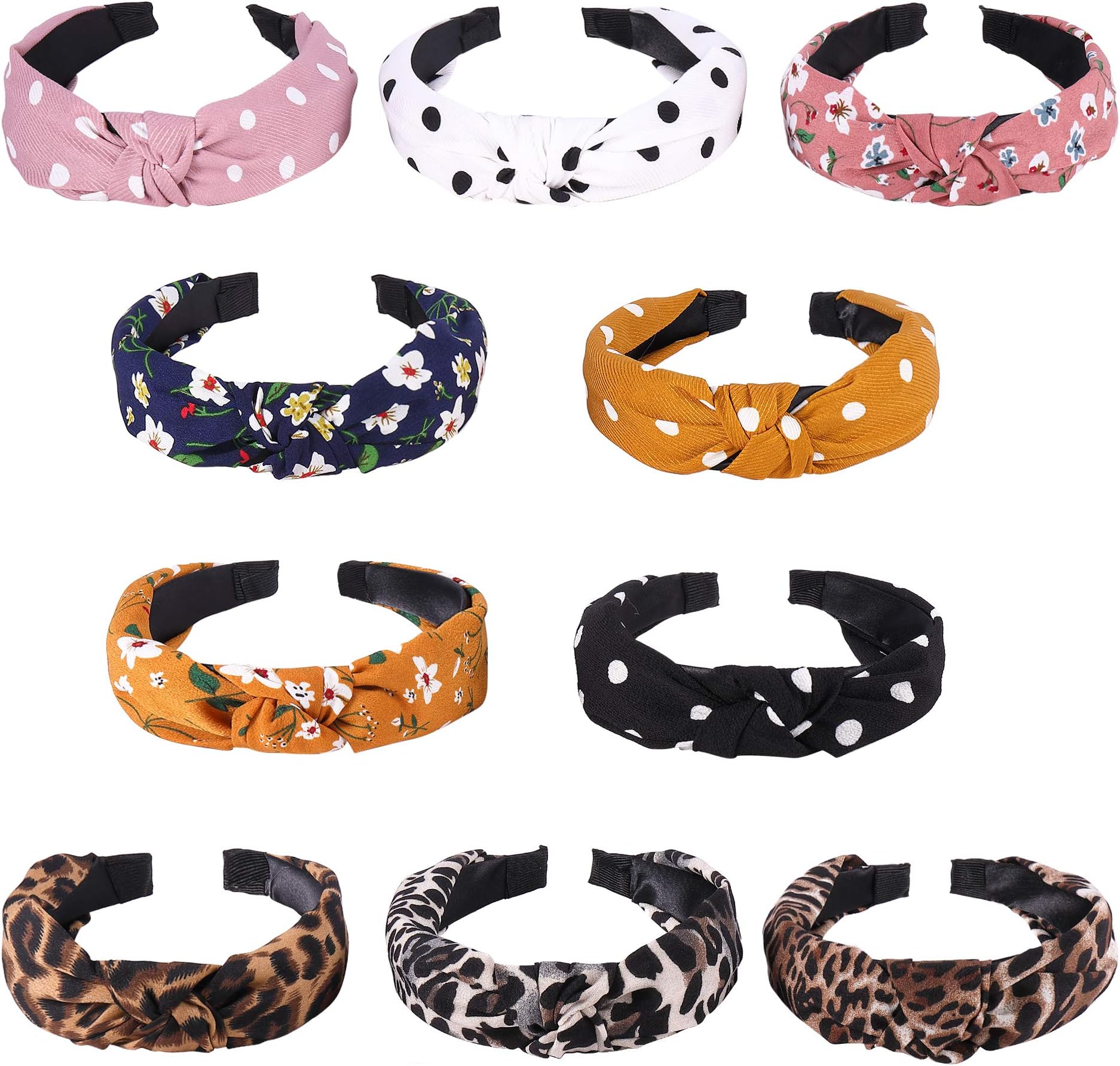 KHKINDPRO Leopard Print and Floral Knotted Headbands for Women and Girls 10 Pack Set Fabric Wrapped Plastic Fashion Hair Band Womens Head band