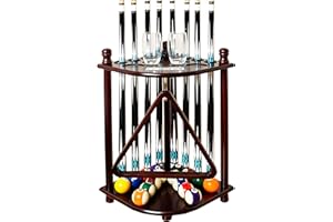 GACCO BILLIARDS Floor Standing Pool Cue Rack Hold 8 Cue Sticks & Pool Table Accessories, Wooden Pool Stick Holder, Corner Pool Cue Holder with Ball Rack Hook & Scorers
