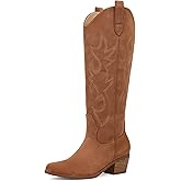 Erocalli White Cowgirl Boot Cowboy Boots for Women Embroidered Pull-On Chunky Stacked Heel Knee High Western Boots