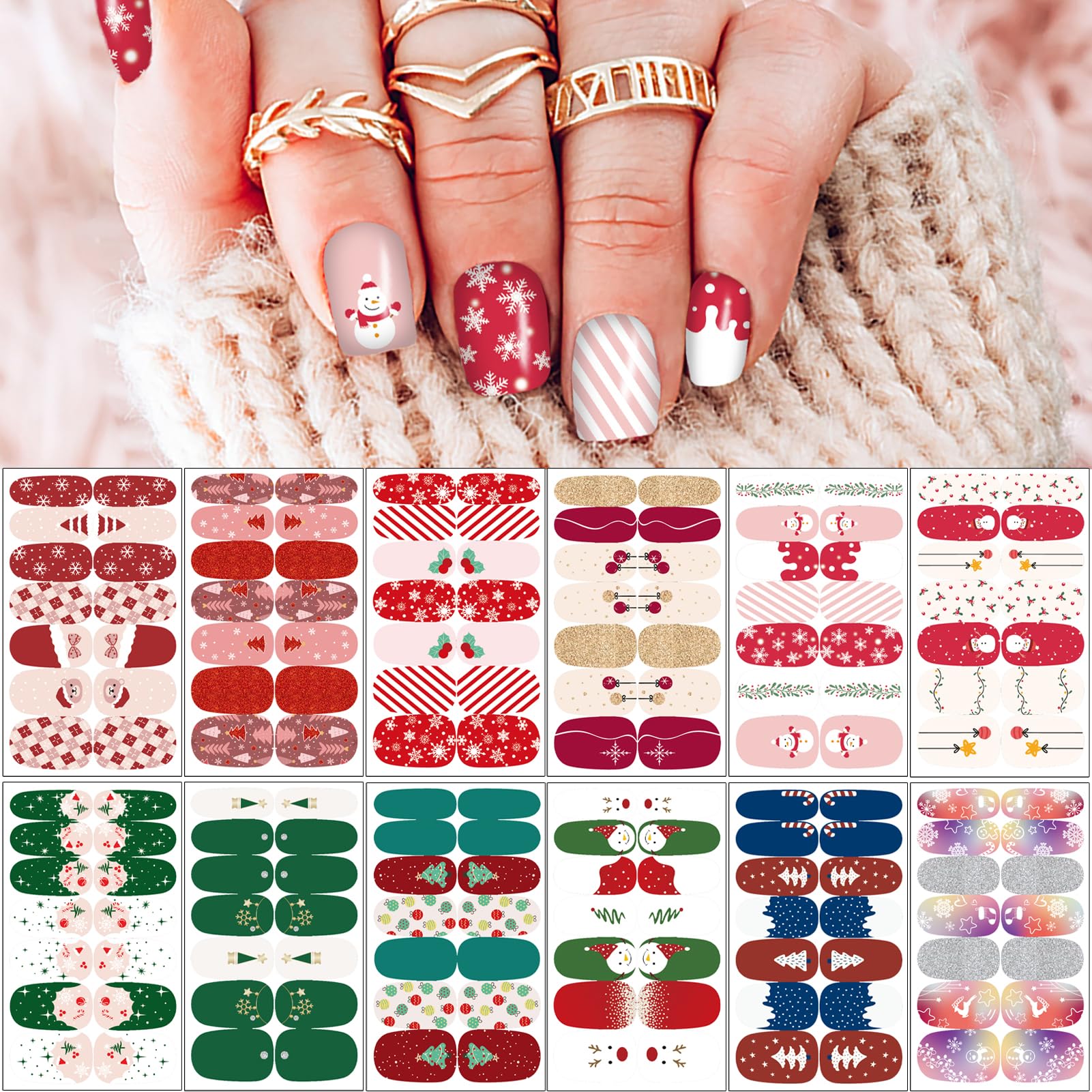 Photo 1 of 12 Sheets Christmas Nail Wraps Full Stickers Nail Polish Strips, DIY Self-Adhesive Nail Art Glitter Decals Santa Claus Xmas Hat Reindeer Snow Pattern Party Decor with 2 Pcs Nail Files (168 Pieces)