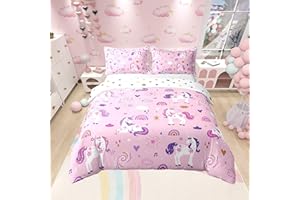 CASTLE FAIRY Cartoon Unicorn Cotton Duvet Cover(Not Comforter),Dreamy Rainbow Sky Cloud Hearts Breathable Comforter Cover All Season,Girly Pink Purple Room Decor Comforter Cover 2 Pcs with 1 Pillowcase Twin Size