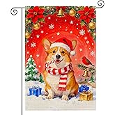 HOMETITUTE Merry Christmas Garden Flag Double Sided 12x18 Inch Burlap Dog Garden Flag Corgi With Candy Cane Red Background Snow Scene Seasonal Flags Christmas Holiday Flags for Patio Lawn Decoration