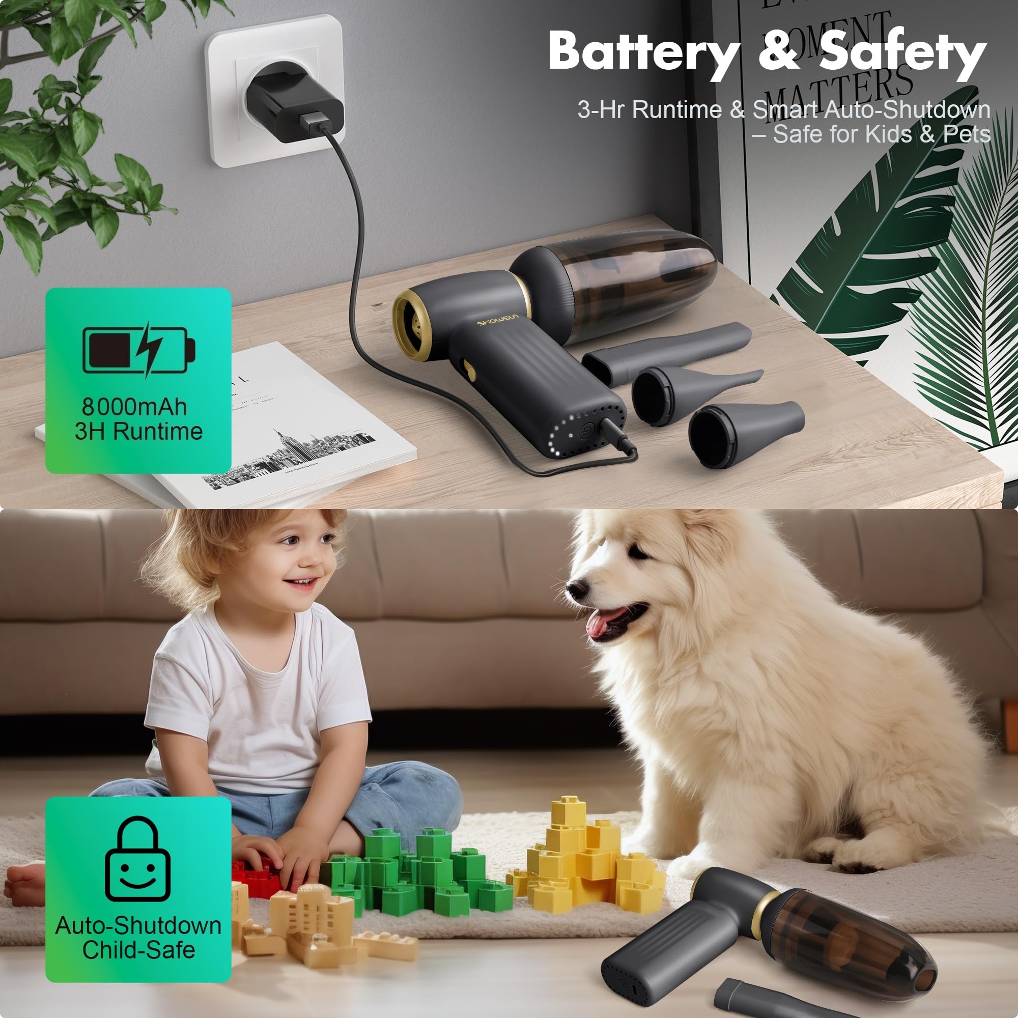 SHOWSUN Electric Air Duster, Compressed Air Duster, 130000RPM Brushless Motor Cordless Leaf Blower, Long Runtime 8000mAh Rechargeable Air Broom for PC Keyboard, Car, Home and Outdoors Cleaning